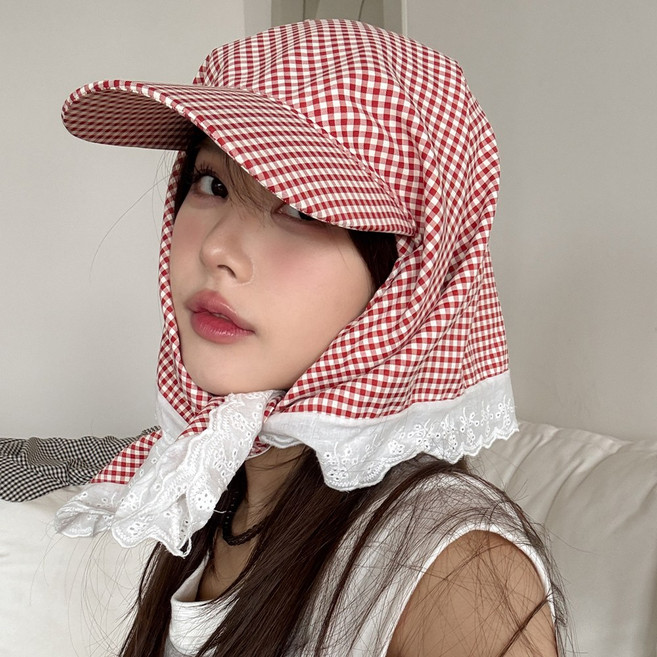 블루씨티 파스텔 깅엄 체크 두건 스카프 자외선 차단 캡 모자