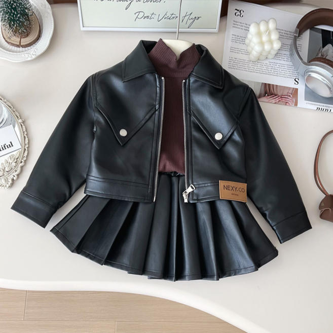 해피델리 씨엘 레더재킷+스커트 셋업 라이더 아동 키즈 가죽점퍼 가죽스커트 치마세트