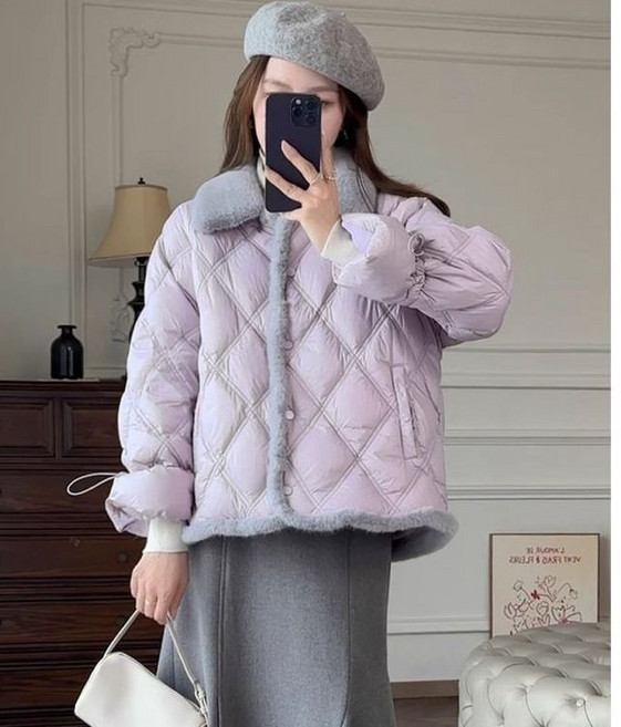 羽絨棉服 麵包外套 冬季厚外套 格子大衣 冬季外套小香風棉衣菱格棉服韓系外套女時尚氣質名媛紫色短外套