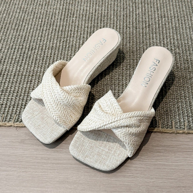 LUNATURE 여성용 웨지힐 샌들 짜임 발편한 통굽 쿠션 슬리퍼4.5cm