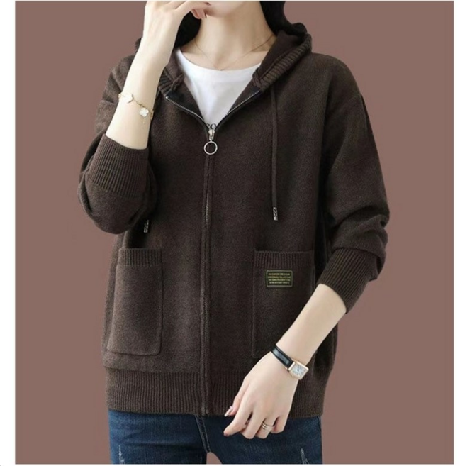 Krismile빅사이즈 후드니트가디건 여 봄가을 집업니트 데일리 루즈핏 니트 아우터 베이직코트 스웨터자켓 W2403M06