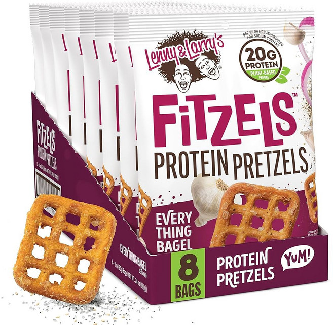 레니 앤 래리의 부지 머스타드 피츠엘스- 고소한 프레첼 스낵 믿을 수 없을 정도로 맛있고 고단백 짠맛 식물성 단백질 20g 8봉지(8개) 각 3온스