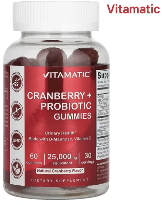 Vitamatic 비타매틱 크랜베리+프로바이오틱 구미젤리 60개입/비타민C/디만노스/유산균, Vitamatic 크랜베리 + 프로바..., 1개, 60정 - 쿠팡