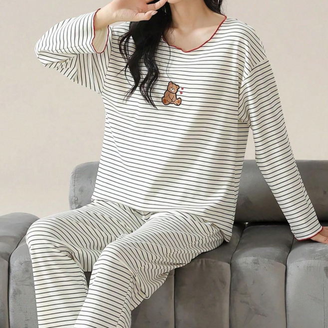 여성 캐주얼 심플 스트라이프 캐릭터 곰돌이 프린트 긴팔 긴바지 목이버섯 홈웨어 파자마 세트 2 피스