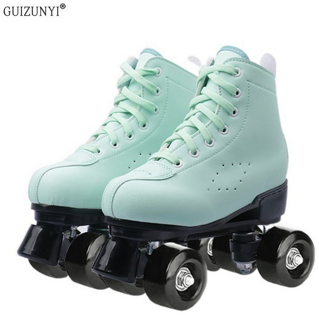 성인용 더블로우 롤러스케이트 4륜 플래시 휠 운동화형 여성용 운동화, 1개, 그린 가죽 블랙 휠