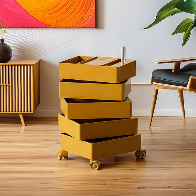 [리비니아] 무브 360도 회전 5단 이동식 트롤리 웨건 서랍수납장 틈새장 5Colors, 진저옐로우