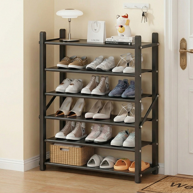 Polyidea 튼튼한 철제 신발장 정리대 현관 슈즈랙 틈새 수납 선반 조립식, 블랙 61, 6단