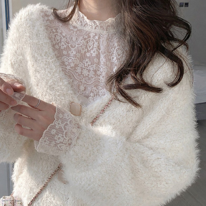 에리페 여성용 페미닌 레이스 시스루 긴팔 티셔츠