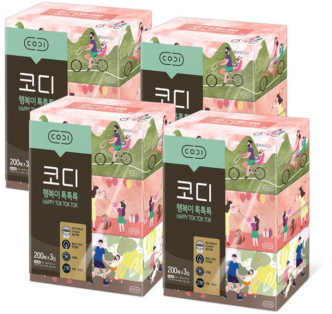 코디 행복이 톡톡톡 천연펄프 각티슈 2겹, 200매, 12개