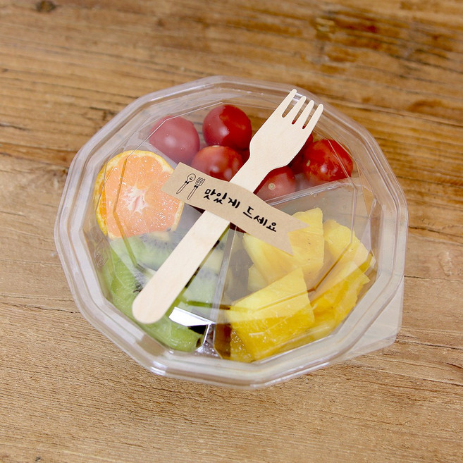 투명 3칸 원형도시락 과일포장용기 포크+스티커+용기 10개세트, 1개, 10세트