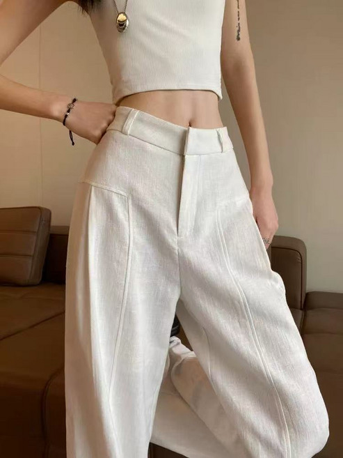 休閒棉麻闊腿褲女 高腰垂感西裝褲