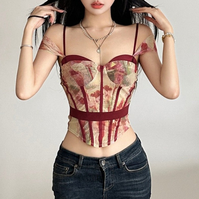 아이엠몽 여성 크롭 슬림 나시 패턴 티셔츠