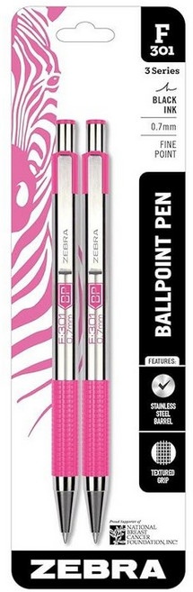 Zebra Pen F-301 볼펜 블루 잉크 파인 포인트 0.7mm 펜 이지 글라이드 잉크 스테인리스 스틸 접이식 미끄럼 방지 그립 전문적인 디자인 사무실 저널 및 플, Pink Barrel Black Ink, 2