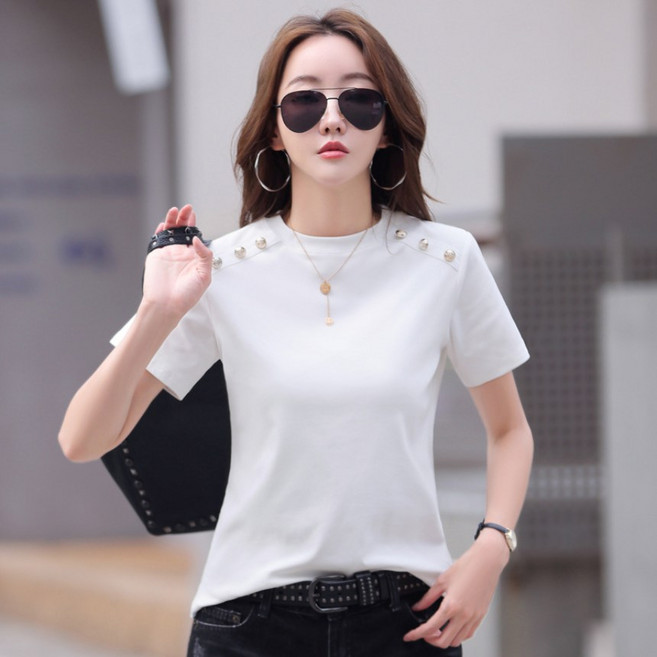 여성 어깨 단추포인트 반팔티셔츠