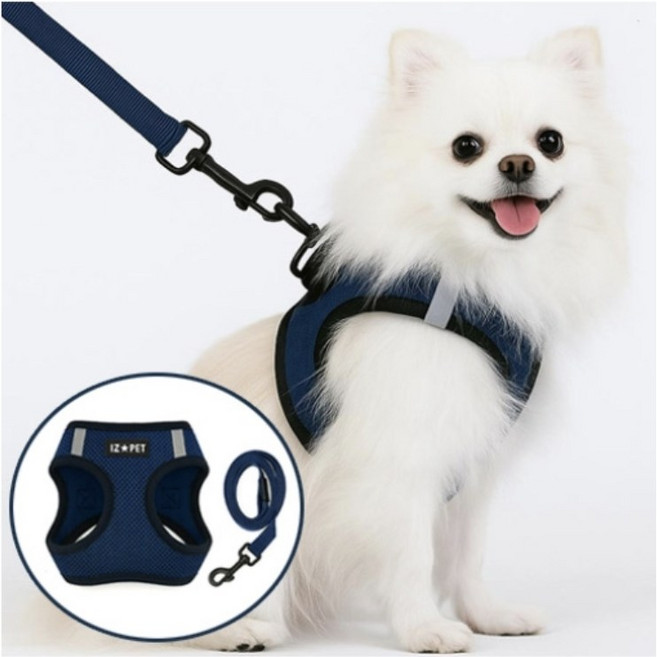 아이즈펫 메쉬 하네스 + 리드줄 SET 빛반사 기능 편안한 고급형 가슴줄 산책 필수템, 네이비, 1개