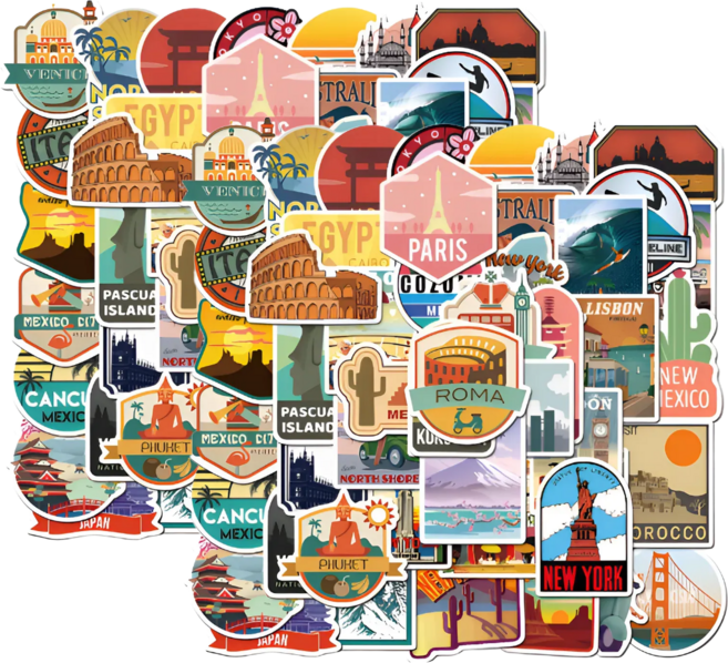 라온스티커 50매입 랜드마크 건물 방수 스티커 세트, 2세트, 혼합(S21123)50P