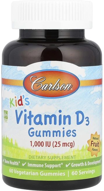 Carlson 어린이용 비타민D3 구미젤리 천연 과일 향 25mcg(1000IU) 구미젤리 60개, Carlson어린이용비타민D3구미젤리천연과일향25mcg, 1개, 60정 - 쿠팡