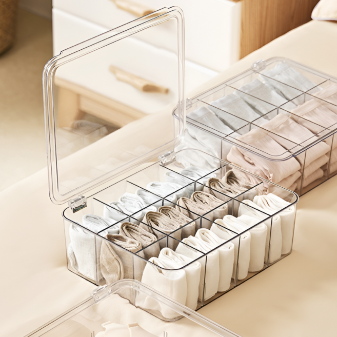 [최대16칸] 속옷 정리함 양말 수납함 덮개형 아크릴, 1개, 클리어