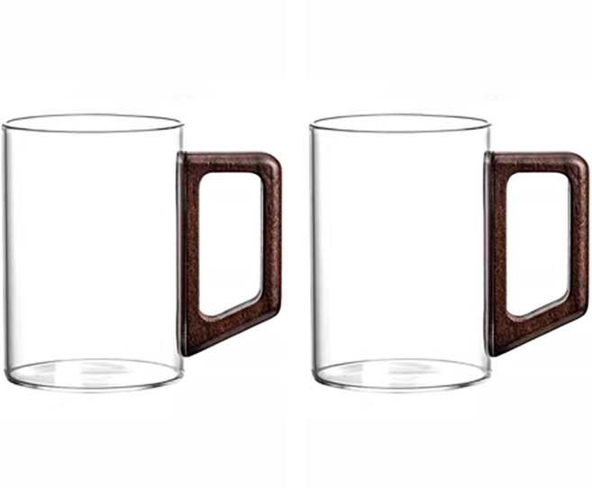 투데이리빙 1+1 500ml 우드 손잡이 유리 머그컵 커피 내열 예쁜 유리잔 유리컵 두꺼운 머그잔 찻잔 물컵, 2개, R98647Z(브라운