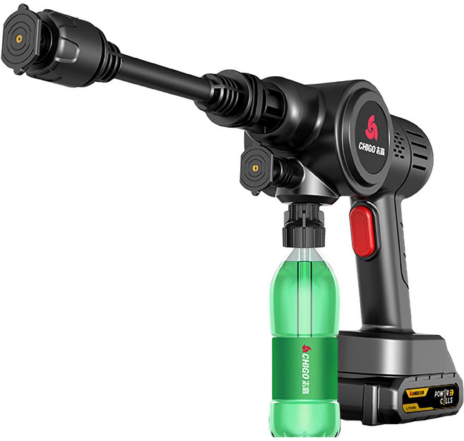CHIGO 五電芯無線洗車水槍 - 高壓清洗機 一機多用 200電池動力, 黑色, 7米水管