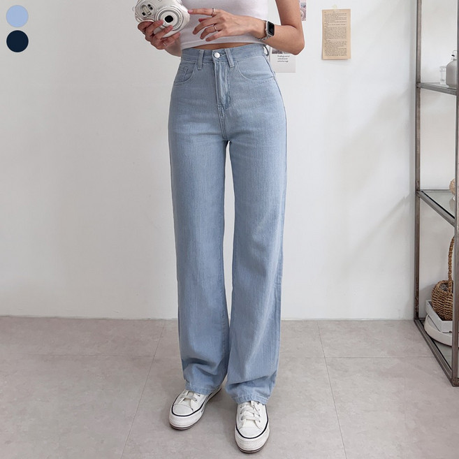 블레스유 여성용 와이드 후들후들 여름청바지 일자 통청바지 데님팬츠
