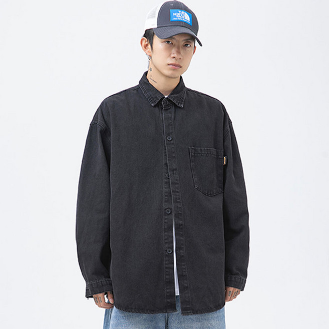 에치케이 남자 오버핏 데님 셔츠 루즈핏 긴팔 청남방 카라 아웃포켓 봄 가을 자켓