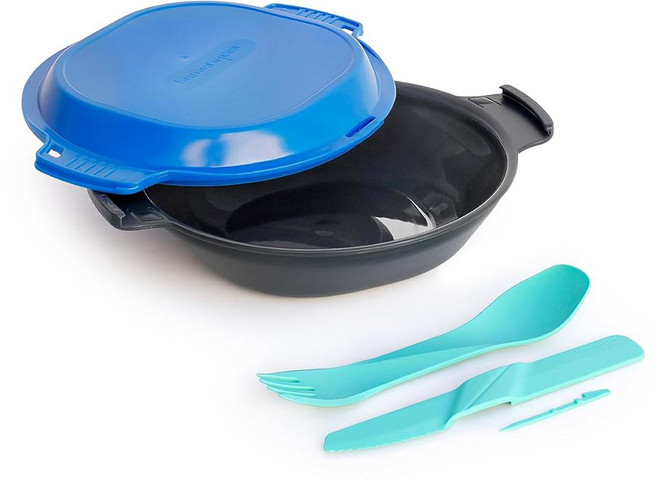 Humangear GoKit+ 라이트 - 6-툴 개인용 지저분한 키트 가벼운 캠핑 접시 세트 배낭 여행 도구 스냅-투게더 볼 및 접시 시스템(칼 포함), Charcoal/Blue, 1개