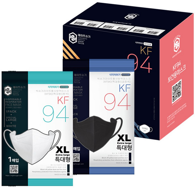빅슈가라이트 특대형 XL KF94 얼큰이 새부리형 황사 방역 보건용 마스크, 블랙, 1개