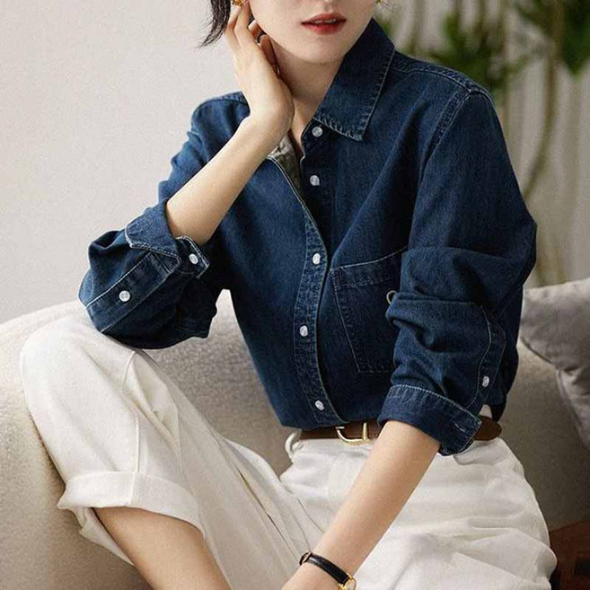 여성 긴팔 데님 셔츠 봄 가을 여자 청남방 기질 빈티지 자수 남방 상의 WXY