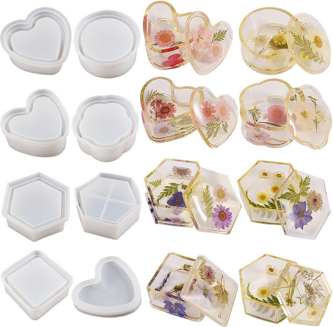 [리리아트] 레진아트 원형 사각 육각 꽃 하트 모양 보관함 실리콘 몰드 8종, 4.하트A