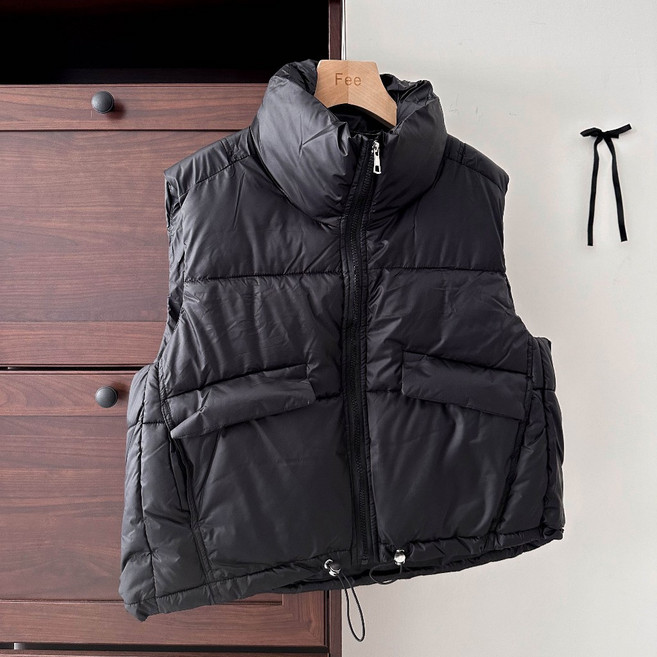 高領設計感口袋羽絨馬甲背心 女款秋冬鋪棉拉鍊麵包服背心外套