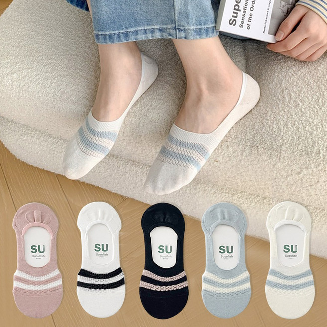 워더미 여성용 쿨 썸머 펀칭 통풍 파스텔 투라인 패션 덧신 5족 세트 W910