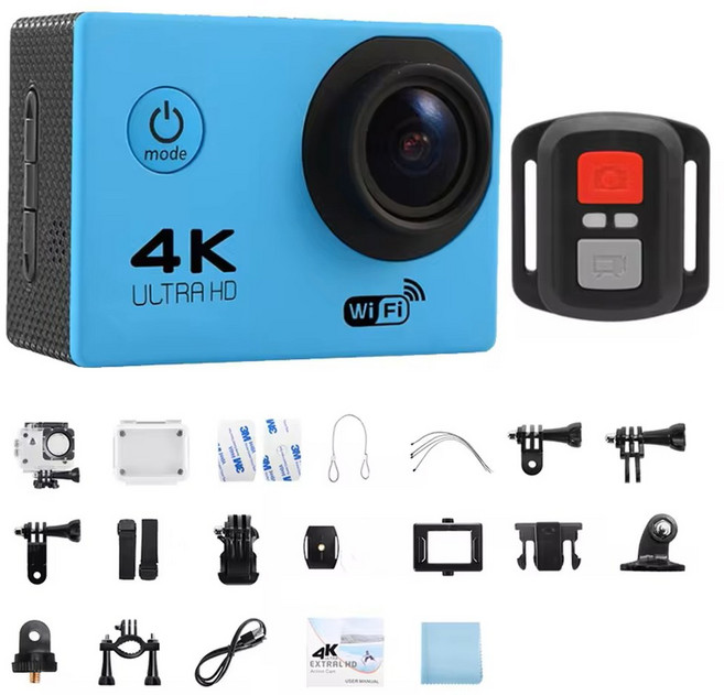 휴대용 브이로그 카메라 4K 액션 1080P/30FPS WiFi 2.0 "170D 수중 방수 헬멧 비디오 녹화 스포츠 야외 미니 캠, 3.파란, 파란
