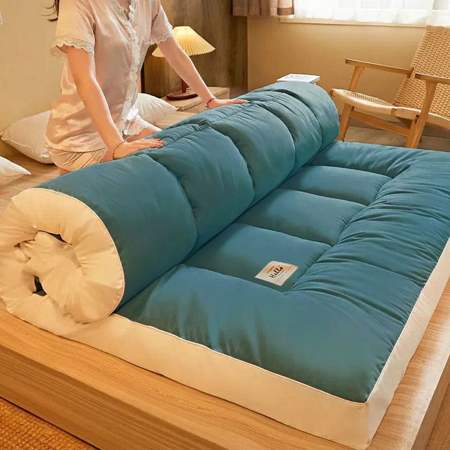 針織棉羽絨軟絲絨日式雙人可折疊露營學生床墊, 孔雀綠拼白