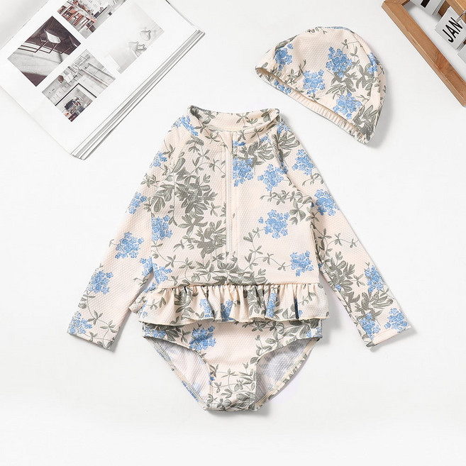 스타빈 여아용 반집업패턴 긴팔수영복 + 모자 세트