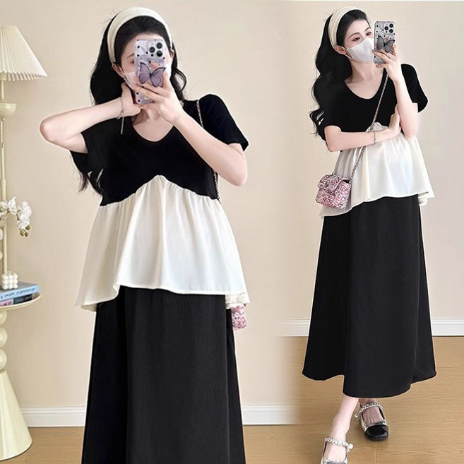 임산부 여름 세트 캐주얼 반팔 블라우스 상의 하이웨이스트 롱 치마 상하의 투피스 루즈핏 기질 임부 세트 CY