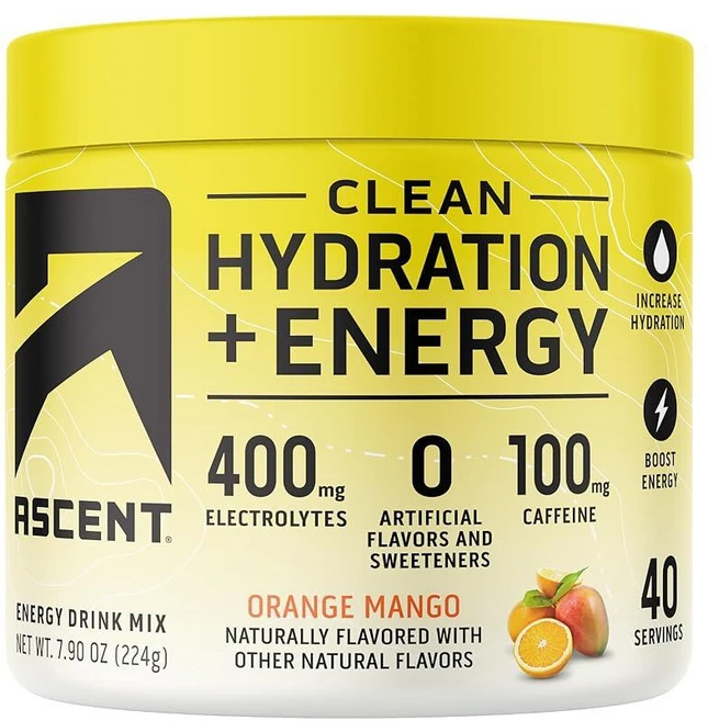Ascent Clean Hydration + 에너지 전해질 파우더 - 카페인 100mg 전해질 400mg 인공 성분 없음 시트러스 40회 분량, Orange Mango, 1개, 224g - 쿠팡