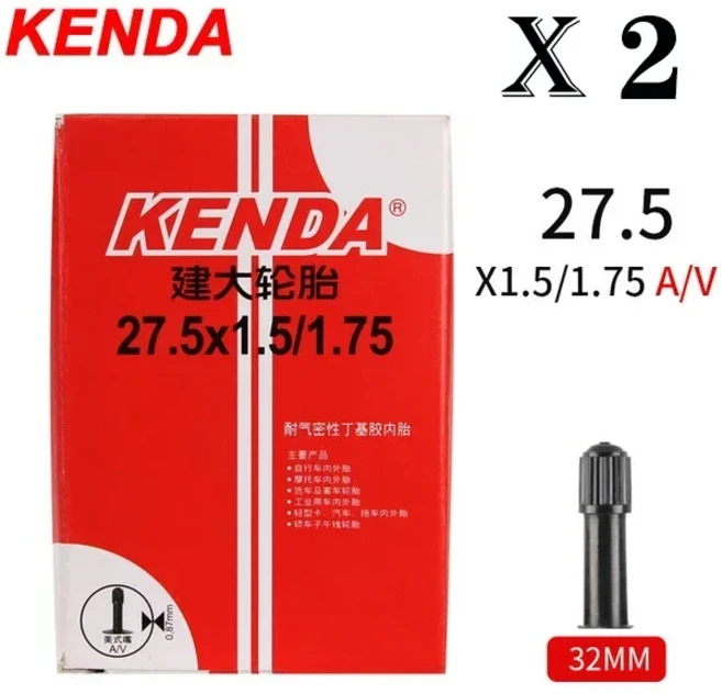 2개입 KENDA 자전거 튜브 20/26/27.5/29/700c/23C MTB 로드 바이크 튜브 내부 타이어 자전거 부품 슈레더, 10 27.5x1.5-1.75 AV 32L