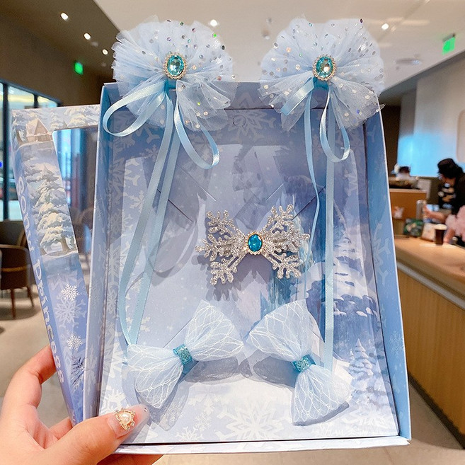 shsure-9 [생일 선물 세트] 디즈니 겨울왕국 엘사 코스튬 왕관 머리띠 + 마법봉 풀세트 소녀 프린세스 파티 소품, 엘사 클립 5종 세트