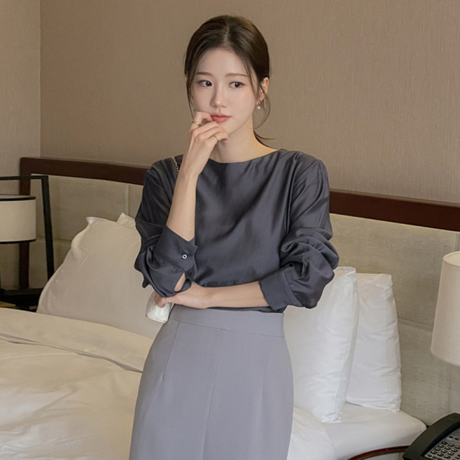 BLR051 벨라 텐셀 보트넥 긴팔 블라우스