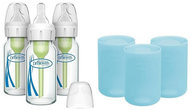 미국출고 평점4.5+ 235501 닥터 옵션스 플러스 내로우넥 유리 젖병 250ml & 슬리브 각 3개입, Blue, 4 oz