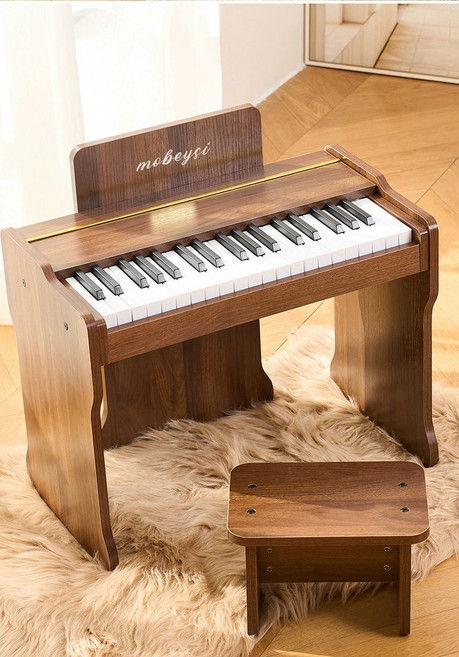 미니피아노 우드 어린이날 선물 37키 키보드 원목 악기, 1개, 원목 갈색 37키 풀세트 받침대의자 포함