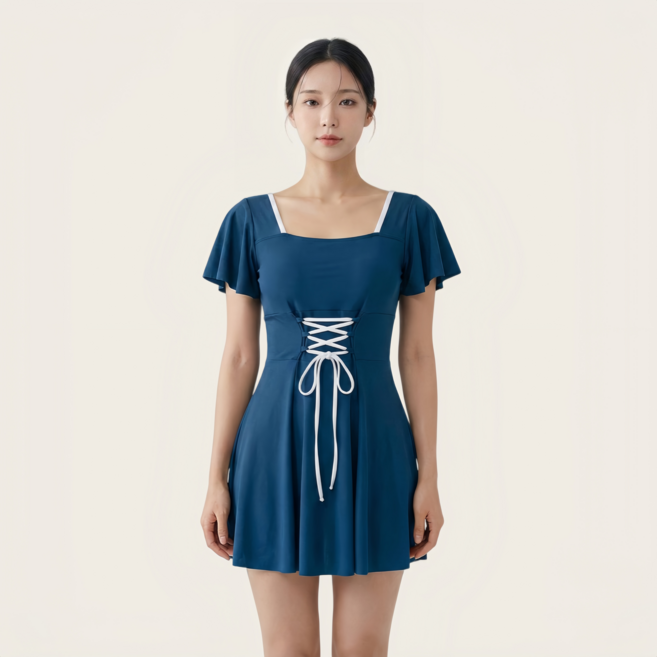 예쁜 실루엣 체형커버 치마 원피스 수영복 모노키니 실내 호캉스 비치웨어 (빅사이즈/임산부), 스트랩-파랑