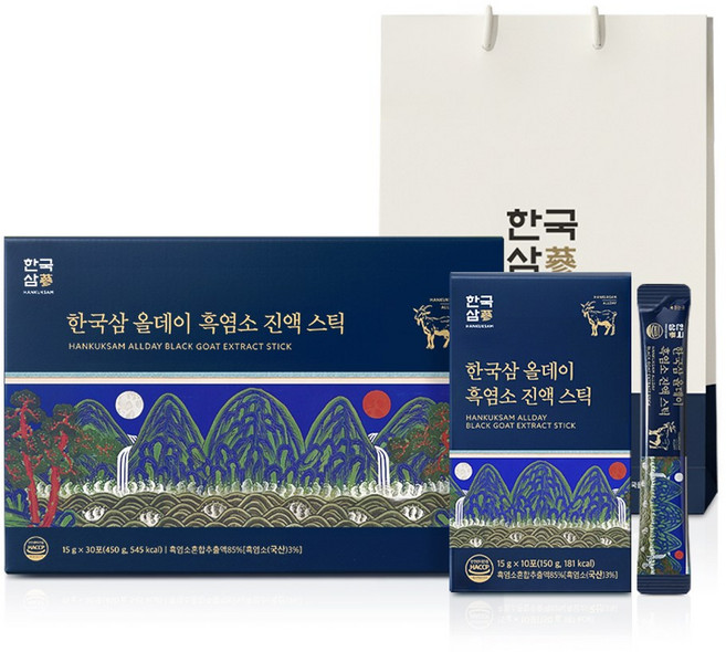 한국삼 6년근 고려홍삼정 올데이 흑염소 진액 스틱 30포 선물세트 + 쇼핑백, 1세트, 450g