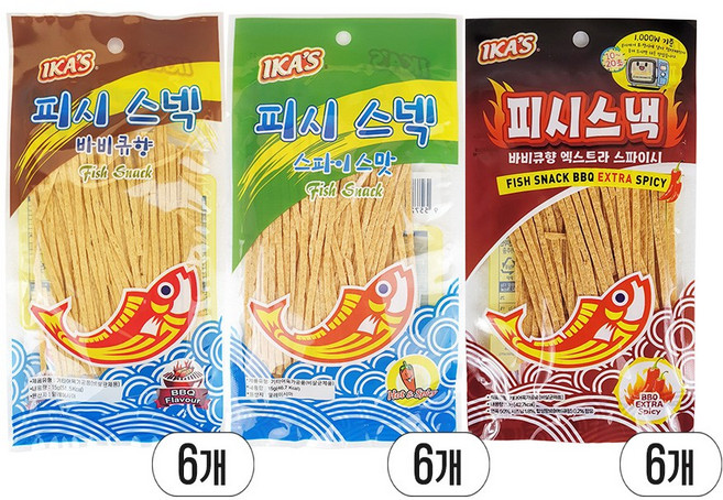 피시 스낵 3가지맛 혼합, 1세트, 바베큐맛6개+스파이시6개+엑스트라6개
