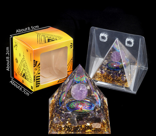 樹脂膠包裹水晶碎石金字塔擺件 家居小擺件 盒裝, 紫晶＋紫晶碎石