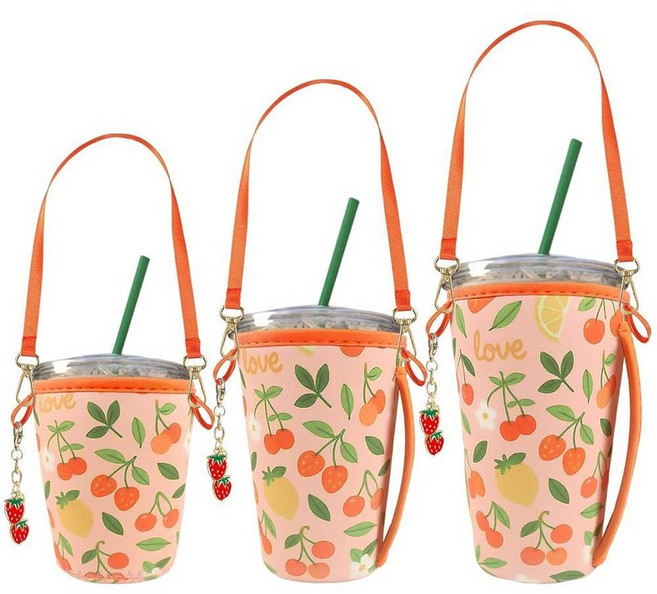 JINSEN 3PC Reusable Iced Coffee Sleeve with Strap & Charms Perfect Cold Drink Sleeve for Iced Drin, Strawberry