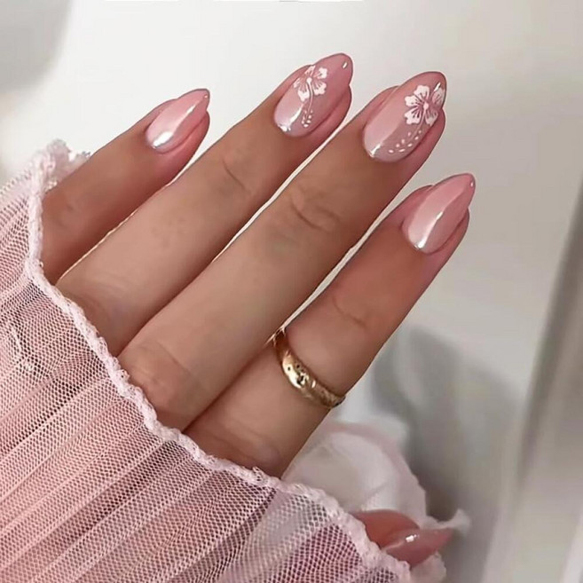 Pink Gradient French Press on Nails Medium Almonds Fake Hibiscus Flower False with Design Glossy R