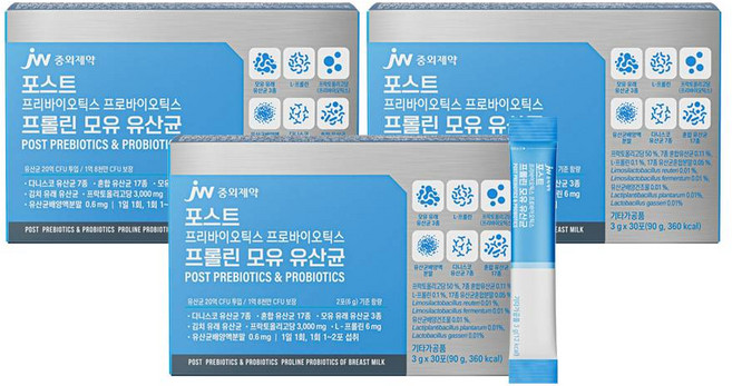 JW중외제약 포스트 프리바이오틱스 프로바이오틱스 프롤린 모유 유산균, 90g, 3개
