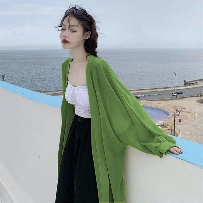 雪紡防曬開衫 薄外套, 牛油果綠,XL 建議62.5-70.0公斤, 牛油果綠, XL
